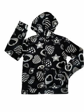 Children’s Place Zip Up Girls L (10-12) Black White Fleece Hooded Hearts Stars